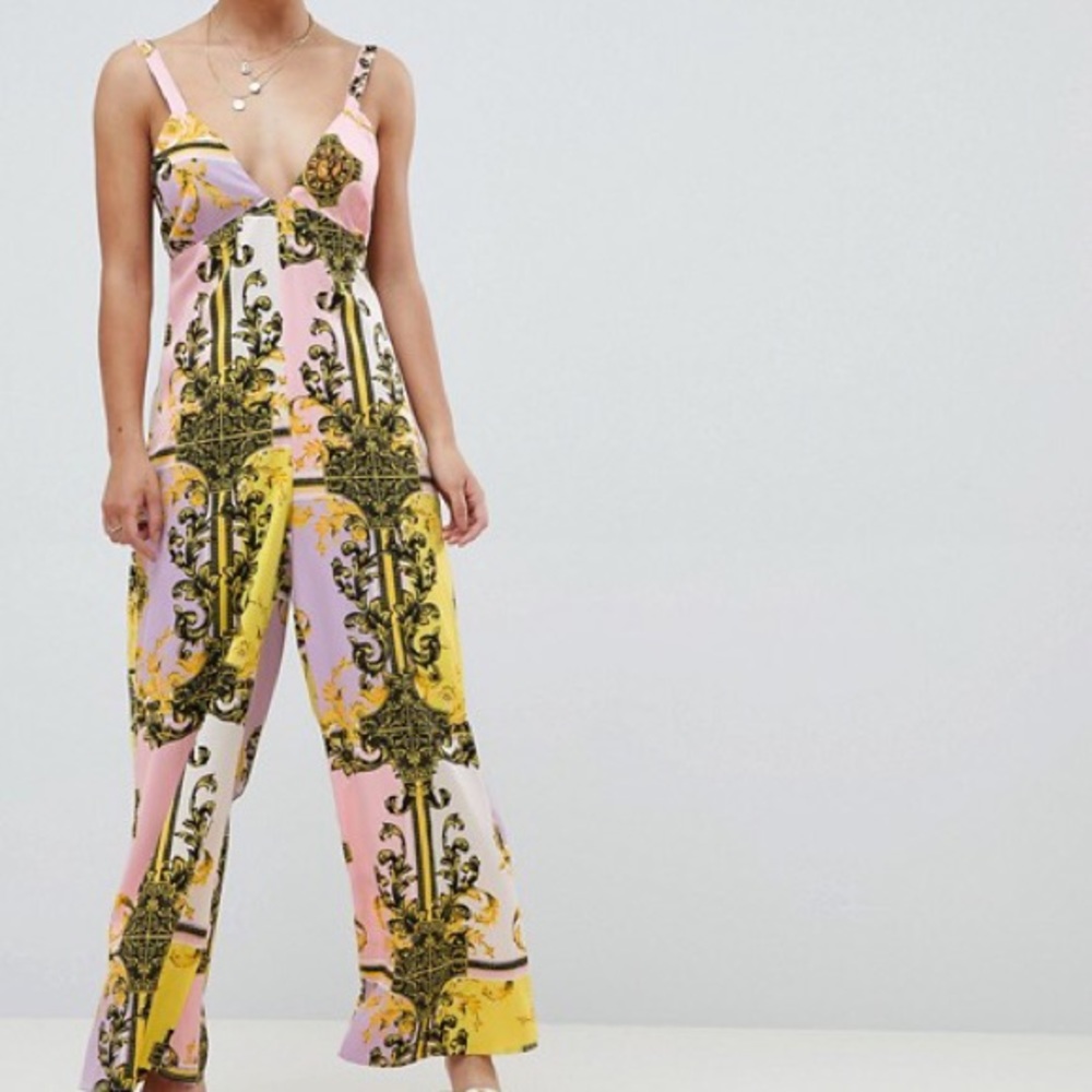ASOS pastel beach jumpsuit in baroque print
